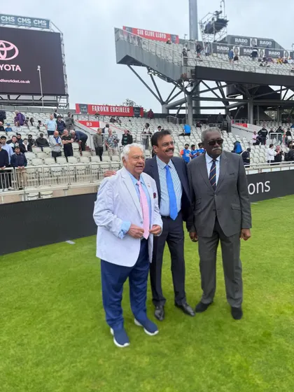 At Old Trafford with two West Indian and Parsi cricket legends, Clive Lloyd and Farokh Engineer, for the naming ceremony of their stands.