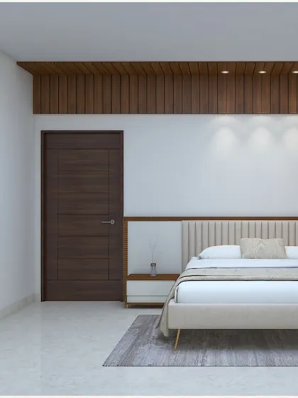 A minimalist master bedroom concept with a clean white and wood theme.