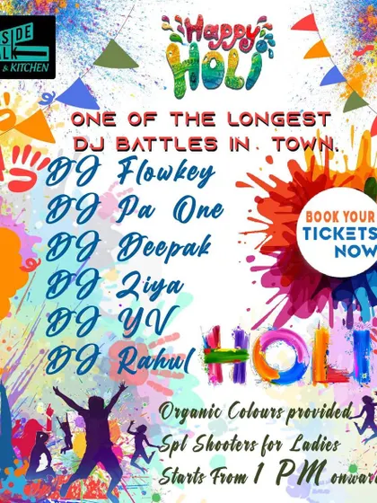 A colorful poster for a massive Holi celebration in Bangalore, where I was part of a multi-DJ battle. I have experience with large-scale festival events.