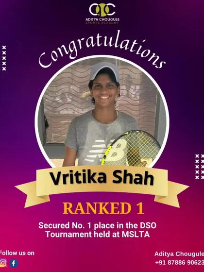 A huge congratulations to Vritika Shah for securing the No. 1 rank in the DSO Tournament held at MSLTA. She continues to set a high standard for excellence.