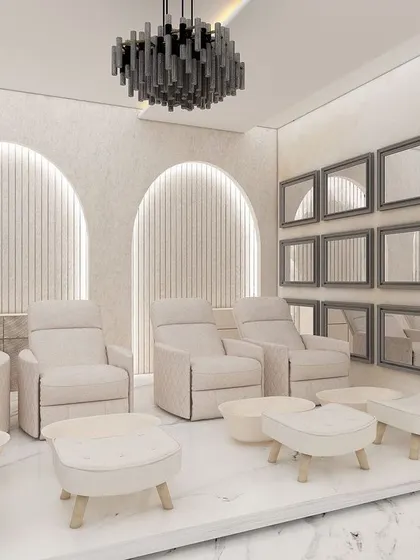 Our luxurious pedicure station, equipped with comfortable reclining chairs and footrests for the ultimate relaxation.