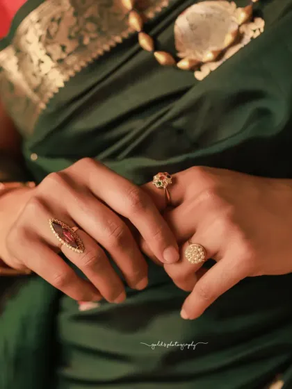 A series of moody and soulful portraits with a vintage feel. The model is styled in a handwoven saree and antique jewelry, with soft, diffused lighting creating a timeless and elegant atmosphere.