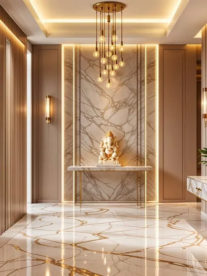 A luxurious foyer concept featuring marble floors with gold inlays, fluted wood walls, and a statement chandelier. A Ganesha idol on a console table adds a spiritual and welcoming touch.