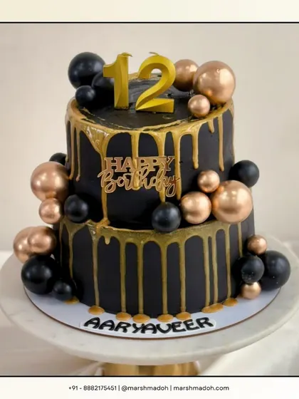 This black and gold two-tier cake is all about modern elegance. It's a 2kg Black Forest cake, but not the ordinary kind. I layer it with my own homemade cherry compote for a flavour that's as sophisticated as the design.