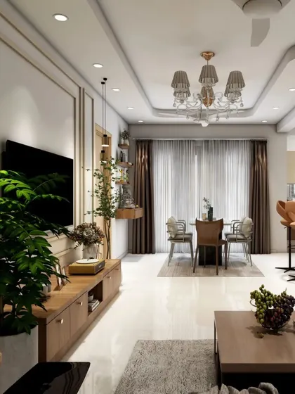 An elegant living and dining space that feels bright and spacious. We used a neutral color palette, sophisticated furniture, and statement lighting like the crystal chandelier to create a timeless and luxurious home interior.