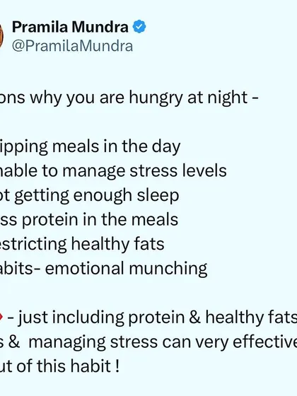 If you're hungry at night, there's usually a reason. It could be from skipping meals, not eating enough protein and fat during the day, or high stress levels. I help clients identify and address the root cause of their late-night cravings.