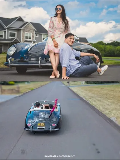A fun pre-wedding shoot with a vintage Porsche, capturing a classic American road trip vibe.