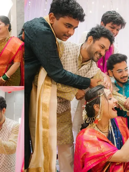 The fun and chaos of Maharashtrian wedding games. This collage captures the laughter and involvement of family and friends, showcasing the joyful, unscripted parts of the celebration.