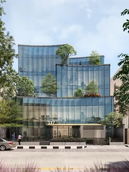 A render for an upcoming commercial project in Koramangala, showcasing a dynamic facade of curved glass and integrated greenery. This design explores the interplay between transparency, nature, and urban context, reflecting our vision for future workspaces.