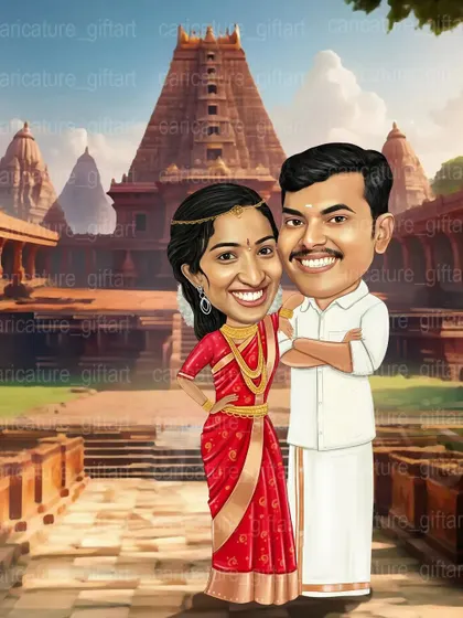 A beautiful wedding caricature set against the backdrop of a majestic temple. This is a wonderful way to incorporate cultural and spiritual elements into a personalized artwork.