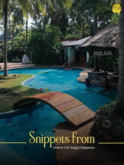 Snippets from where the magic happens. Our main pool with its charming wooden bridge and poolside bar is a central hub for relaxation and celebration.