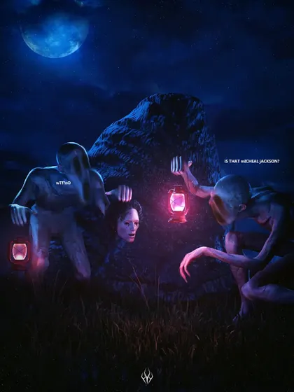 A more humorous take on horror, where two creatures discover a severed head and wonder if it's Michael Jackson. This shows that I can also incorporate dark humor into my work.