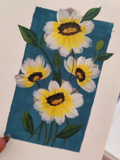 A study of yellow and white flowers against a solid blue background. Using gouache allows me to paint light colors over dark, which is a fun technique to explore.