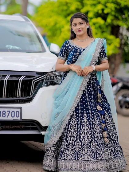 A full-length view of the stunning navy blue and silver embroidered lehenga, custom-made for my client.
