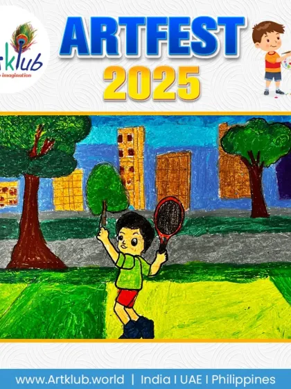 A junior artist's drawing of a boy playing tennis in a park. The use of dark outlines makes the character and the surrounding trees stand out.