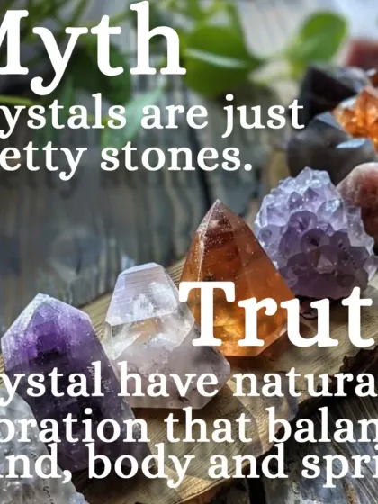 This graphic debunks common myths about crystals. The truth is that crystals have natural vibrations that balance the mind, body, and spirit, but they work by amplifying your own intention and consistency, not like instant magic.
