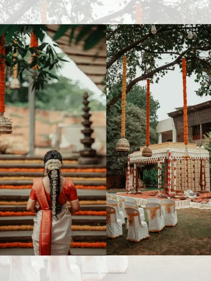 A collage showing the bride's entrance and the beautifully decorated mandap, setting the scene for the ceremony.