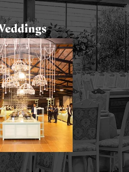 A graphic highlighting our wedding catering services with an image of a grand buffet hall.