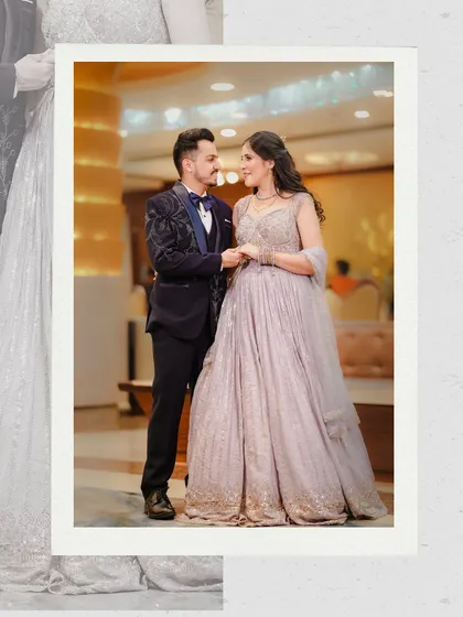 A classic portrait of a couple on their engagement night. The groom looks at his bride with a smile, capturing a simple, sweet moment.