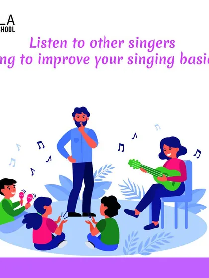 A graphic suggesting that you listen to other singers to improve your own singing basics. I encourage my students to draw inspiration from a wide range of artists.