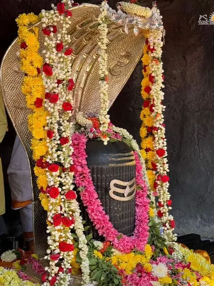 The Shiva Lingam at our ashram temple, adorned with vibrant flower garlands for Maha Shivratri. It stands as a powerful reminder of the formless, infinite consciousness within all of us.