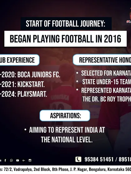 The journey of a champion. This graphic outlines Darsh Pattanaik's club experience and representative honors, including his selection for the Karnataka State U-15 team.