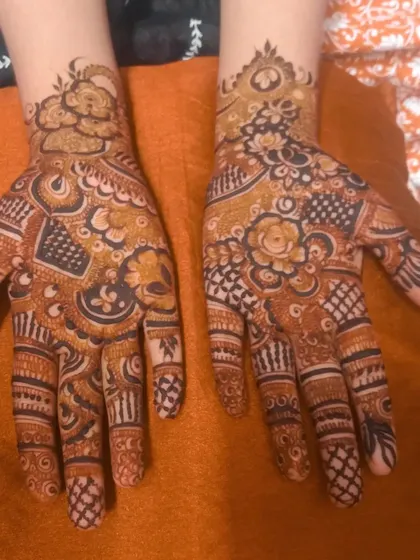 A non bridal design with a mix of floral and geometric patterns. The design is intricate and covers the palms beautifully.