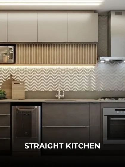 A straight kitchen layout is ideal for smaller apartments or open-plan living. This design uses wavy textured tiles and under-cabinet lighting to add personality and style.