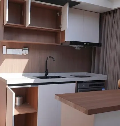 Every detail is considered for convenience. This kitchen in our Space Capsule model shows the ample cabinet storage and integrated appliances that make the space highly functional.