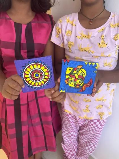 Look at these wonderful coasters painted by my little artists during a Dussehra workshop. It’s so much fun to see kids explore traditional designs and create something they can use.