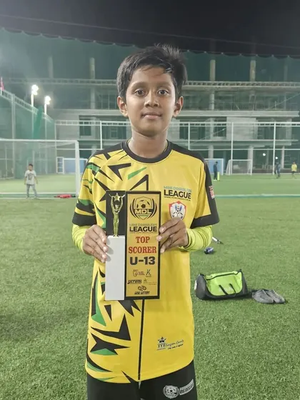 A close-up of Abhay's Top Scorer award after netting 22 goals in 13 games in the U13 Mini Dribblers League.