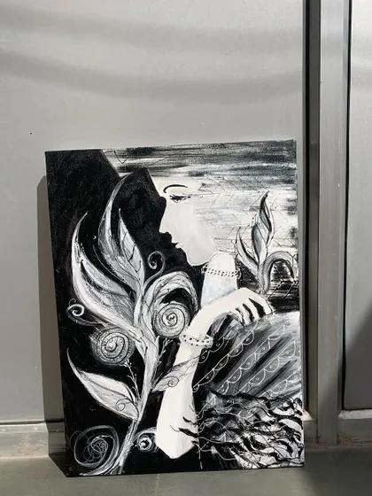 The finished black and white portrait, "Touch," standing on its own. This piece is about perception and the senses beyond sight, rendered in a powerful monochromatic style.