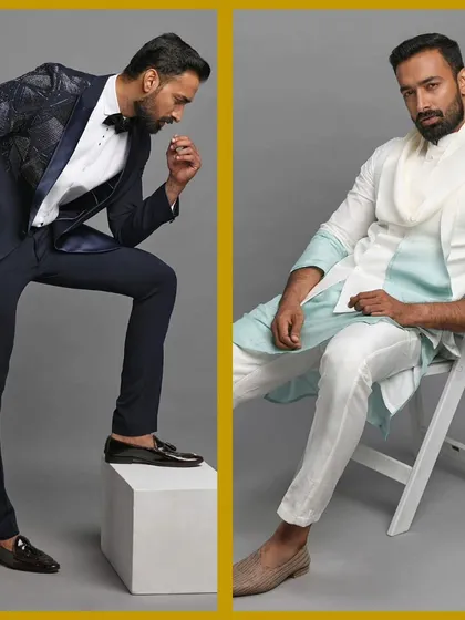 A blue diamond-patterned tuxedo and a pastel blue kurta set. From dark and dramatic to light and breezy.