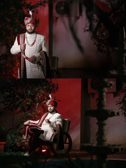 A diptych of the groom's portraits, showcasing his majestic wedding look from different angles.