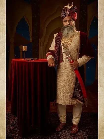 A full-length portrait of the Maharaj. The addition of the sword and the powerful stance completes his character styling as a formidable and respected ruler.