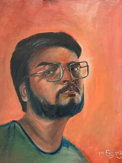 This is a self-portrait I created in oil colours that won an award from The Art Society of India. I played with a warm, saturated background to make the portrait pop, focusing on a realistic yet expressive representation.
