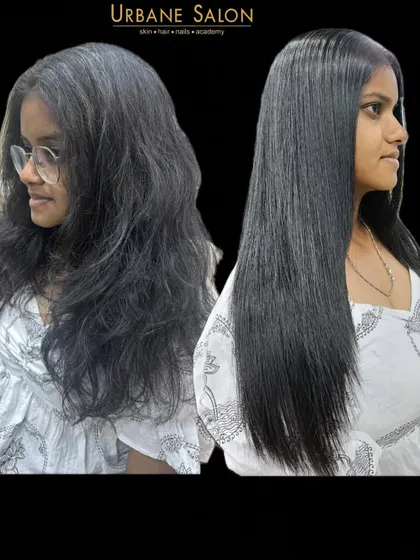 A side-by-side comparison showing the incredible results of our COD Hair treatment. We deliver a 90% straight effect, eliminate frizz, and give you amazing shine, all with a same-day wash.