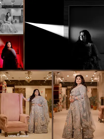 A collection of the bride's solo portraits, showcasing her confidence and the beautiful details of her Roka lehenga.