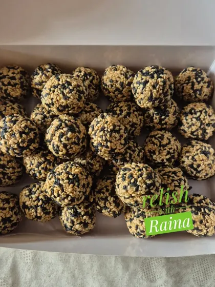 For a unique flavor and look, I make these Til Laddoos by mixing both black and white unpolished sesame seeds with jaggery. They are a fantastic source of calcium and a wonderful, healthy treat to enjoy during the winter months.