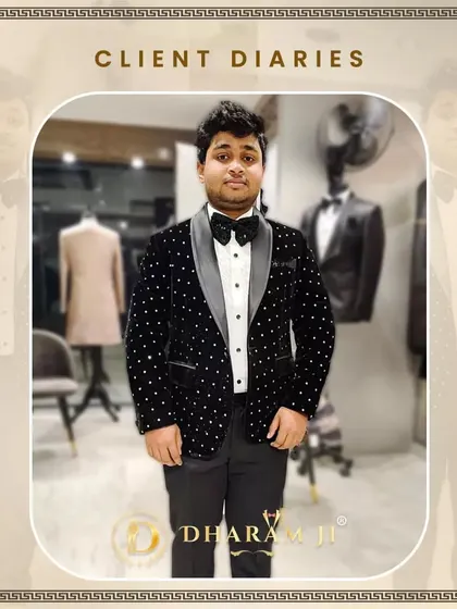 This client is ready for a party in his black velvet tuxedo with silver polka dots. The fit is perfect and he looks full of confidence.