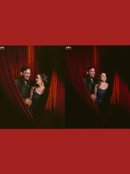 A playful peek through the curtains. We love finding creative angles to capture the couple's chemistry during their sangeet.