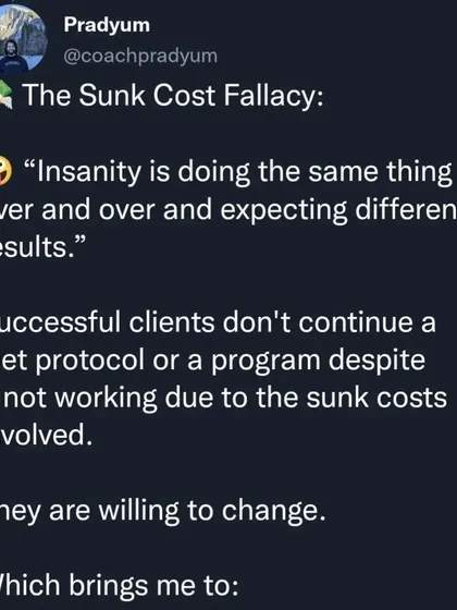 My most successful clients are the ones who master their mindset. They avoid common cognitive biases like the 'All-or-Nothing' mindset, 'Survivorship Bias', and the 'Sunk Cost Fallacy'. This series of posts breaks down the mental traps that derail progress and how to avoid them.
