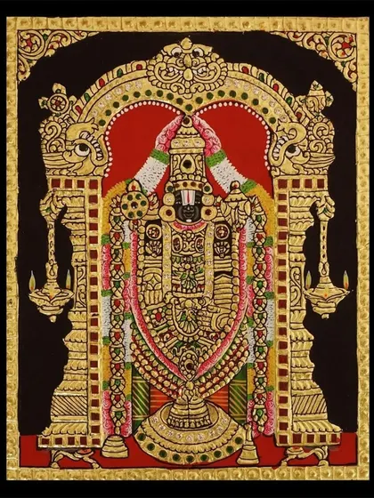 A classic 10x8 inch Tanjore painting of Lord Balaji. Even in a smaller size, the artwork retains all the intricate details and divine radiance of our larger pieces, making it perfect for smaller spaces or as a precious gift.