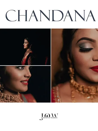 A collage of the bride's portraits, featuring close-ups of her makeup, jewelry, and expressions. These detailed shots celebrate the beauty and effort that goes into the bridal look.