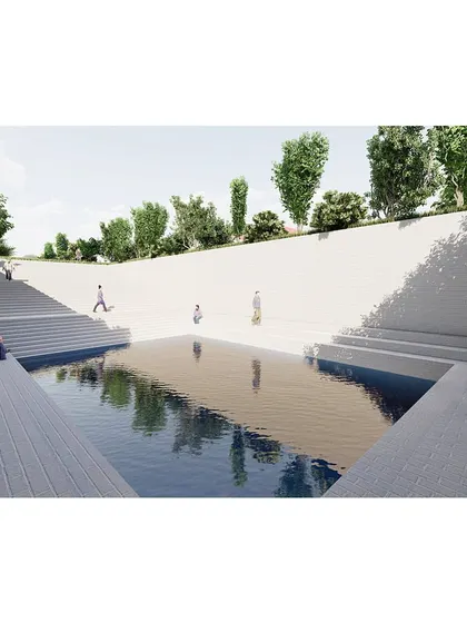 The proposed Kund (stepped tank) for the Chidambara Temple, designed as a modern yet timeless space for rituals and quiet contemplation.