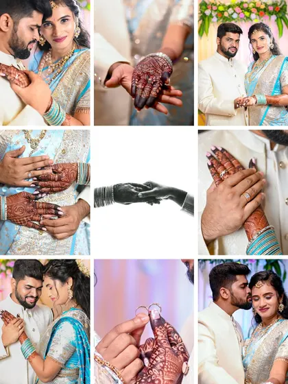 This collage captures the many ways hands and rings tell a story. It includes close-ups of the ring exchange, hands held together, and the couple showing off their new rings.
