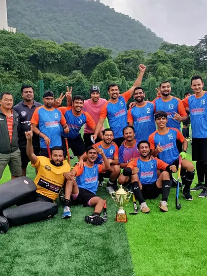 That winning feeling! Our men's team celebrating their hard-earned championship title at the 1st Anushaktinagar Monsoon Hockey Tournament. This victory reflects the team's spirit and relentless effort.