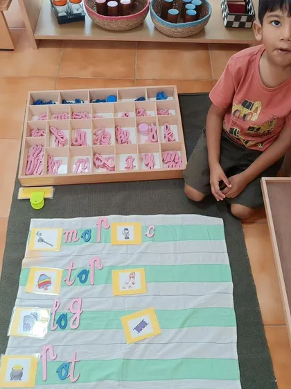 Using the moveable alphabet, this child is composing words to match picture cards. This activity empowers children to write their ideas before they have mastered handwriting.