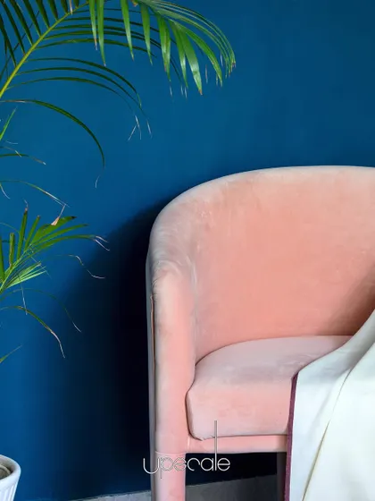 A close-up of the pink and blue corner, showing how the soft velvet texture of the chair contrasts with the matte finish of the wall, adding depth and interest.