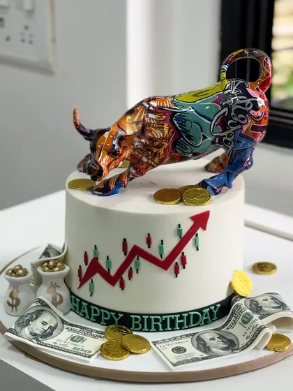 Your passions inspire my most creative work. This stock market theme cake, featuring a vibrant bull, edible money, and a rising stock chart, was crafted for a finance enthusiast's milestone birthday.